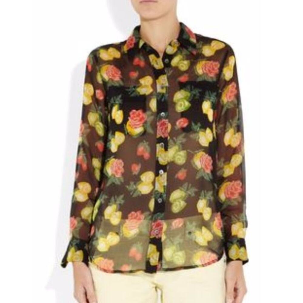 Equipment Femme Sheer Silk Blouse Womens XS Fruit Print Long Sleeve Lemons Roses